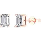 14K Rose Gold Plated 925 Sterling Silver Push back Dainty Stud Earrings for Women - 1 cttw Emerald Cut Simulated Diamond