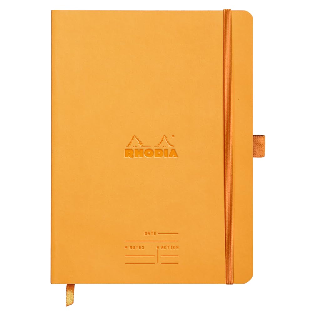 RHODIA 117795C - Soft Notebook Meeting Orange - A5+ - Pre-Printed Date/Notes/Action|160 Detachable Pages - Clairefontaine Paper 90g|Marque-Page, Pencil Holder - Faux Leather Cover - Rhodiarama