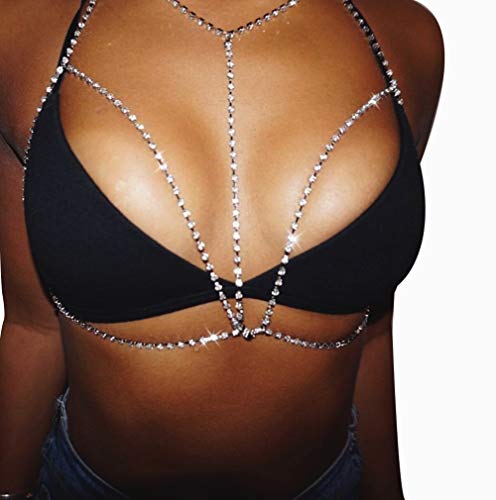 Womens Rhinestone Harness Bra Body Chain Sexy Diamond Bralette Bikini Body Jewerly Silver
