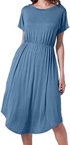 Succlace Womens Simple Short Sleeve Pleated Loose Flowy Casual Midi Dress Blue M