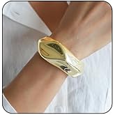 Fyvos Chunky Gold Cuff Bangle Bracelets Polished Pleated Irregular Bracelet Geometric Opening Adjustable Bracelet Trendy Wide Stacking Bangle Fashion Jewelry Accessories for Women