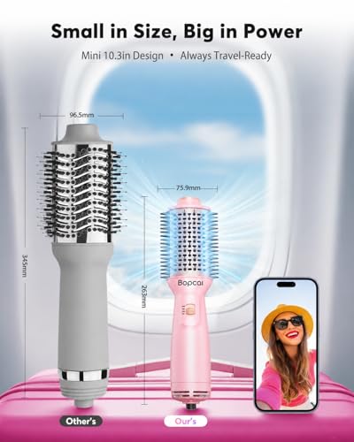 Travel Blow Dryer Brush in one, Dual Voltage 120V-240V Mini Hair Dryer Brush, Portable 2-Inch Hot Air Brush, 4-in-1 Dry, Volumize, Curl & Straighten Styler with EU&UK Plug
