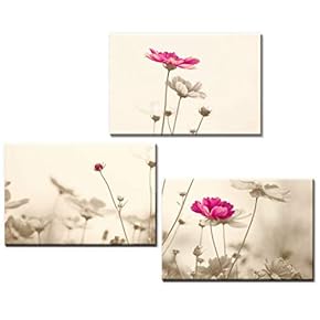 3 Panel Canvas Wall Art - Retro Style Pink Flowers - Giclee Print Gallery Wrap Modern Home Art Ready to Hang - 16"x24" x 3 Panels