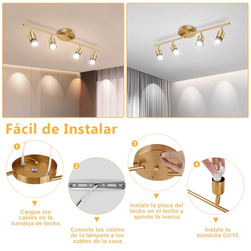 JSXing Kit de iluminación de riel, iluminación puntual de techo de 4 vías negra, cabezal de luz giratorio flexible, luz de riel (bombilla no incluida) (Dorado, 4 luz)