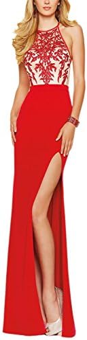 Miss Chics Halter Side Slit Rhinestones Long Evening Gown Prom Dresses for Women US Size 6 Red