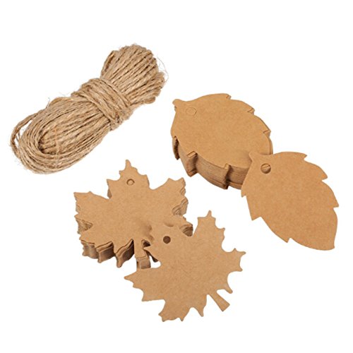 HS 100 Pieces Maple and Leaf Kraft Gift Paper Tags for Christmas Day and Holiday, Wedding, Parties, Arts and Crafts with 10M Rope