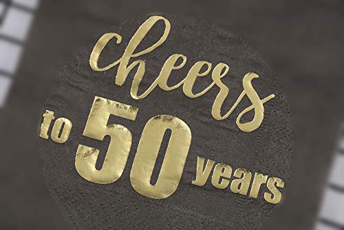 Black and Gold Cheers to 50 Years Cocktail Napkins 100 counts 3-Ply 5'' Disposable Black Paper Napkins Perfect for Birthday Anniversary Party Celebration Graduation (Black Cheer 50 Year, 5'')