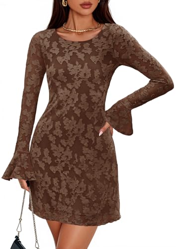 ZESICA Long Sleeve Mini Dresses for Women 2025 Floral Mesh Crewneck Bodycon Wedding Guests Cocktail Party Short Dress