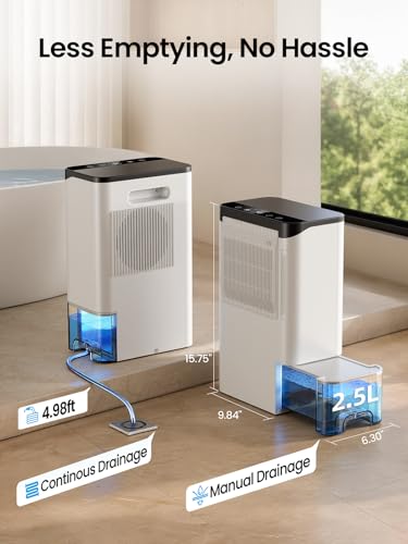 Dehumidifiers for Home 1500 Sq.Ft, 2.5L Tank, 35dB Quiet, New Rotary Technology Dehumidifier with Drain Hose, Works Down to 1°C/34°F, Auto Shutoff, Ideal for Basement Bedroom Bathroom RV Closet
