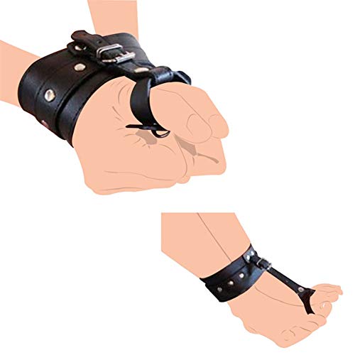 PU Leather Hand Wrist to Thumbs Cuffs SM Bondage Belts – BDSM Ankle Wrist Hogtie Strap with Toes Restraints Sex Cosplay Toys,Black