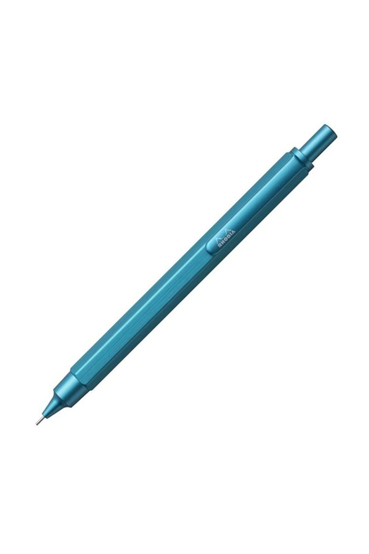 RHODIA 9396C - scRipt Mechanical Pencil Hexagonal Body in Brushed Aluminium - Turquoise - for Standard 0.5 mm Graphite Leads, Retractable Steel Barrel, Eraser Under the Pusher - scRipt Collection