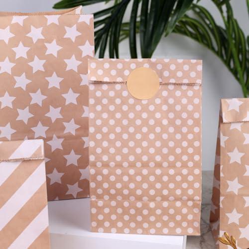 Shindel 54PCS Party Favor Bags, Goodie Bags with Stickers Polka Dot Striped Treat Bags Lunch Paper Bags for Birthday Wedding Party