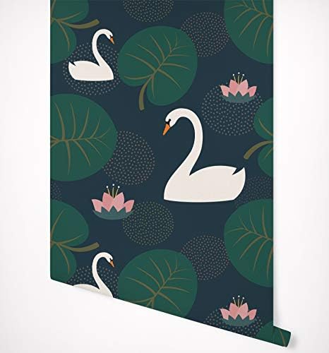 Kraska Peel Stick Wallpaper Swans Lily Pad Pond, Removable Wallpaper Self Adhesive Premium Quality Multi Purpose - Wall Decor Home Nursery Kitchen Bathroom Office Fridge - 24" x 24"