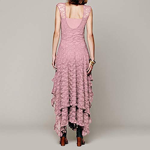 Sunmoot Cocktail Dresses,Women's Sexy Elegant Boho Lace Sleeveless Irregular Hem Double Layered Ruffled Trim Maxi Dress Pink - Thumbnail 2