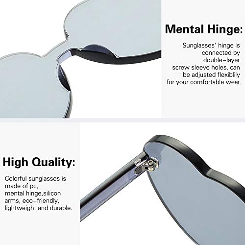 Ultrafun 6Pack Unisex Colored Sunglasses Transparent UV Protection Candy Color Rimless Glasses Oversized Tinted Eyewear for Valentines Party Cosplay Festival (Heart-6Pack)