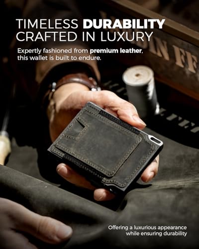 LORZOR Slim RFID Blocking Tactical Wallet for Men, Full Grain Leather with Aerospace Aluminum, Front Pocket Wallet, Smart Pop Up Card Case, Money Clip, 8-12 Cards (Military Green)