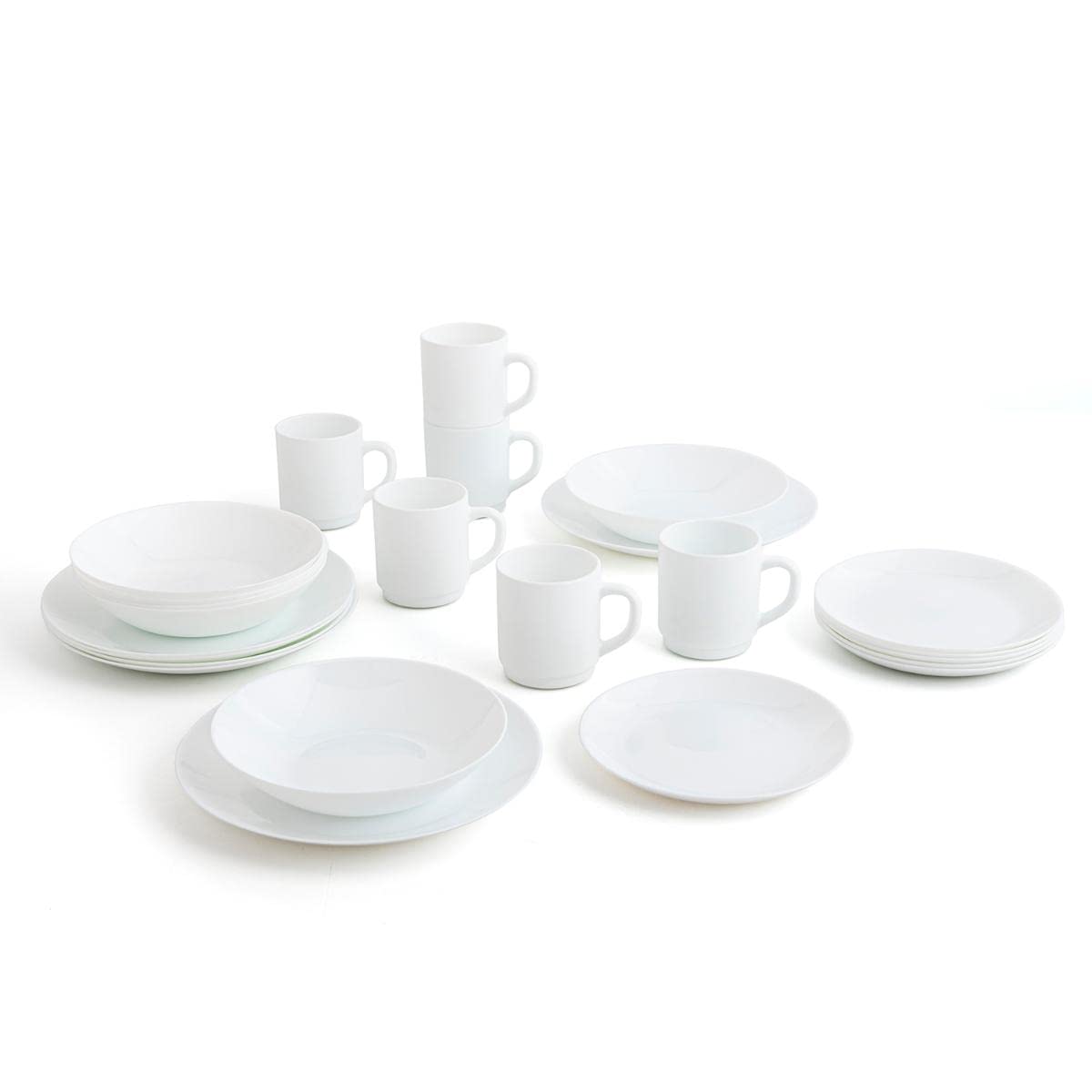 Arcopal Zelie complete white tableware, for 6 people, 24 pieces, flat, 6 dessert plates and 6 cups, opal glass