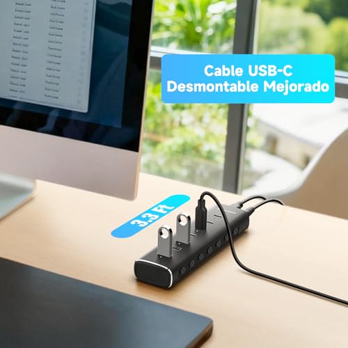 RSHTECH USB 3.2/USB-C Powered 7-Port 10Gbps Hub with 4 USB-C 3.2 Ports and 3 USB-A 3.2 Ports, 3.3 Foot Cable and 36W Adapter (12V/3A), Aluminum USB Hub for Laptop, RSH-H7C4