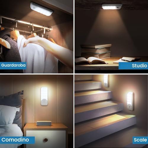 Luce Notturna(2 Pezzi), Lampada LED Ricaricabile USB con Sensore di Movimento, ON/OFF/AUTO, Luce LED con Striscia Magnetica per Armadio Soggiorno, Camere da Letto,Cucine,Corridoio