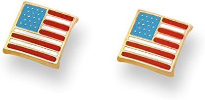 14K Yellow Gold Enameled American Flag Stud Earrings With Safety Screw Backs