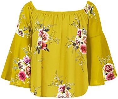 HONEY BOUTIQUE Women's Casual Floral Off The Shoulder Bell Sleeve Chiffon Blouse Shirt Tops (S, Yellow)