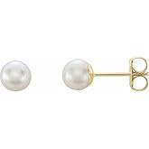 Solid 14k Yellow Gold 5mm White Akoya Cultured Pearl Stud Earrings
