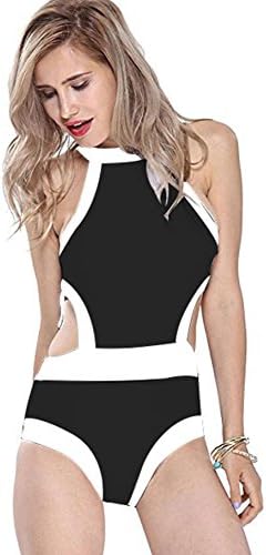 Nine Town Women High Neck Cutout Swimsuit Geometric Print Contrast Swimwear