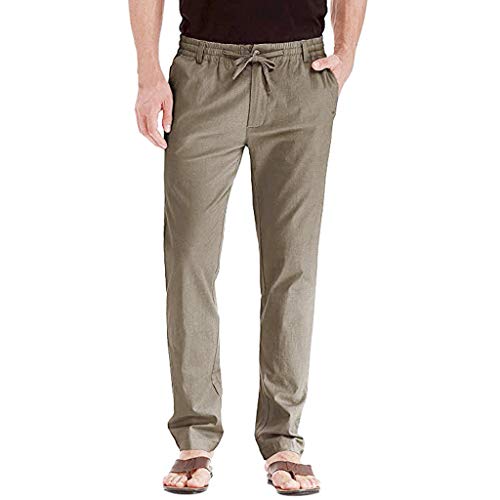 Men's Joggers Linen Breathable Loose Long Pants Solid Color Straight Trousers Green