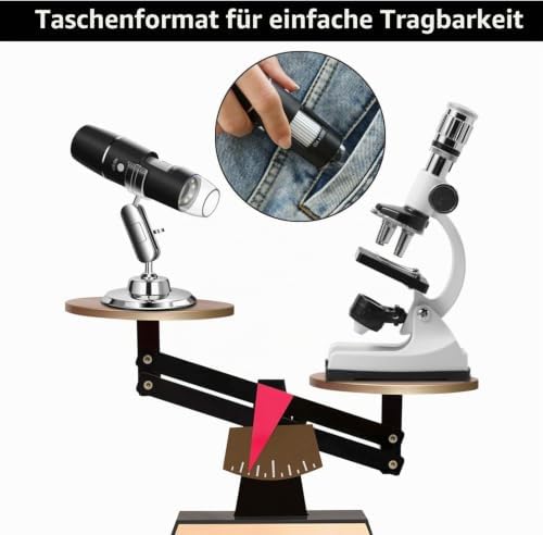WiFi USB Digitales Mikroskop 50X-1000X Vergrößerung, Tragbares Mikroskop mit Foto- und Videofunktion, Kabellose HD Endoskop Kamera 8 LEDs, kompatibel mit iPhone, iPad und Android-Geräten