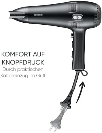Haartrockner mit Kabeleinzug, leistungsstarker Föhn mit Kaltlufttaste, inkl. Diffusor und Düse, 3 Heiz- & 2 Leistungsstufen, 1,8m Kabel, 2.100 Watt, schwarz, HT 0165