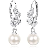 LOIPURI Pearl Dangle Earrings for Women - 925 Sterling Silver Rhodium Plated Drop Earrings Leaf Cubic Zirconia Earrings 8mm White Pearl Statement Drop Earrings Gifts for Brides Mom