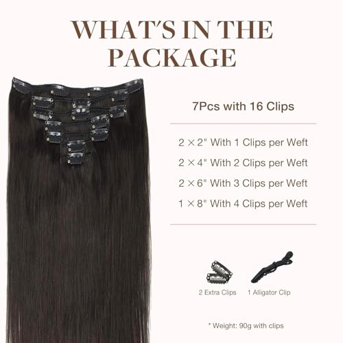 GOO GOO Adhesive Hair Extensions Natural Hair, 40 cm 90 g 7pcs, Real Natural Human Hair Extensions, 2 Dark Brown
