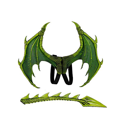 BaronHong 2-Piece Halloween Mardi Gras Dragon Costume for Childrenâ€“Wings,Tail(Green,M)