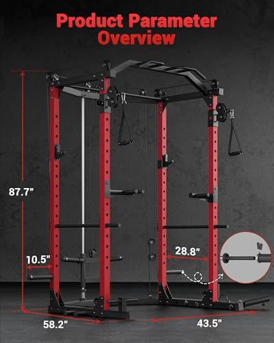 GarveeLife Power Cage, Multi-Functional Power Racks for Home Gym with Cable Crossover System, 1600 LBS Weight Capacity Fitness Squat Rack for Strength Workout with More Training Attachment, Red