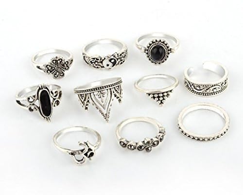 Aniywn Hot Sale! 10pcs/Set Women Bohemian Vintage Silver Stack Rings Above Knuckle Blue Rings Set (Free Size, Silver)