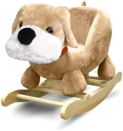 Jump and Dream Hardwood Hardwood Children's Fluffy Dog Shape Rocking Chair Soft Padded Seat, Brown