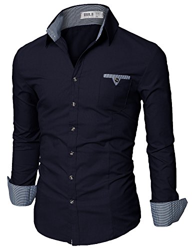 Doublju Mens Casual Slim Fit Dress Shirts DARKNAVY LARGE