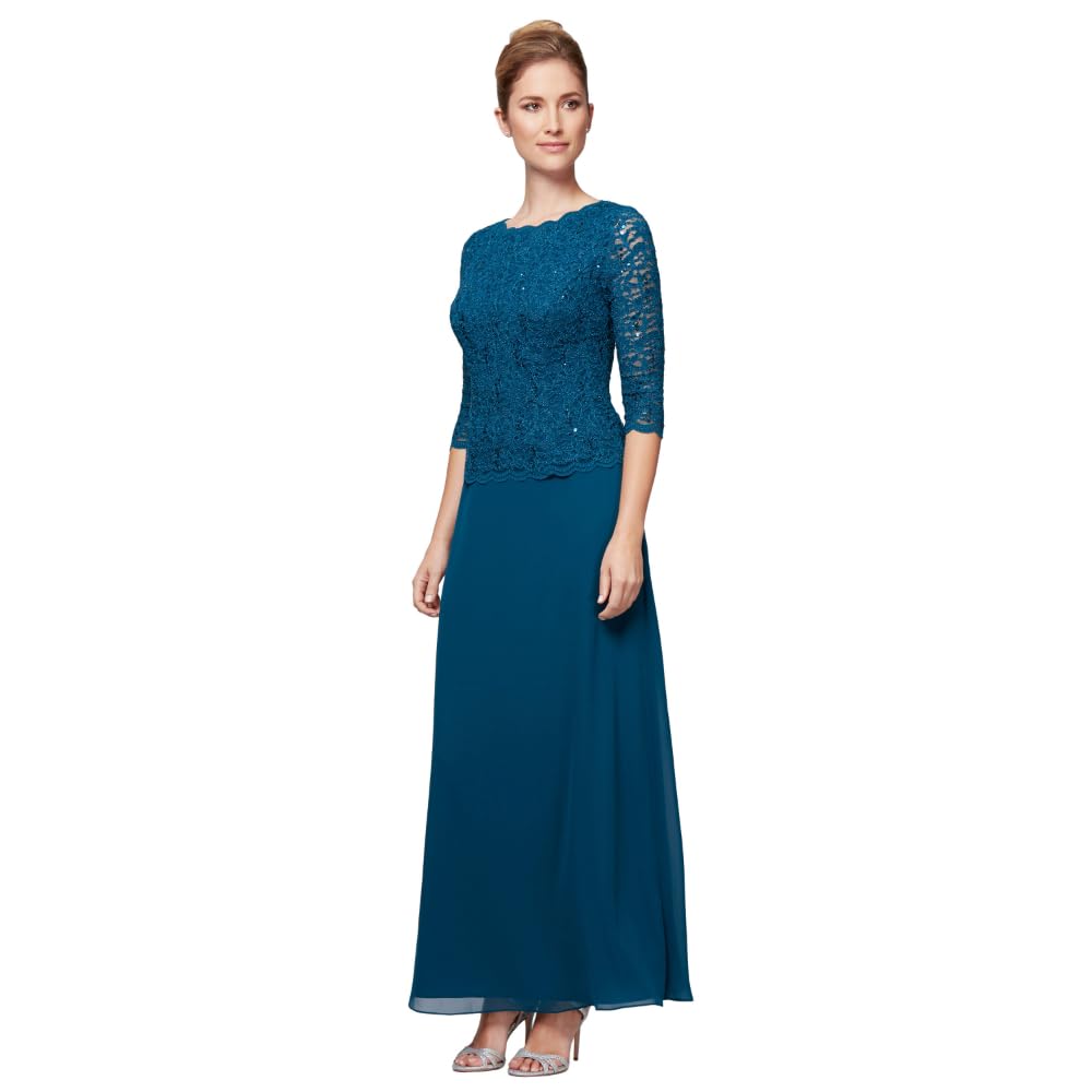 Alex Evenings Women’s 3/4 Sleeve Stretch Lace Bodice One Piece Mother of The Bride Dress (Petite and Regular Sizes), Peacock, 10