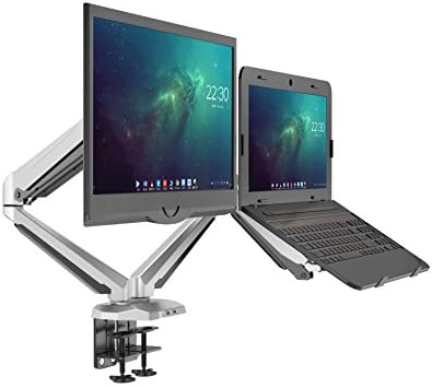 Fully Adjustable Dual Gas Spring LCD Monitor &amp; Laptop Mount/ Stand with 2 Swing Arms for 1 Laptop &amp; 1 Monitor,both Desk clamp and grommet mounting GM224U (Silver)