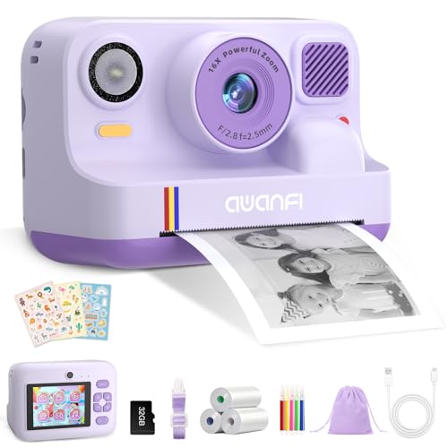 Instant Camera Child Gift Toy Girl Boy 3-12 Years, AWANFI Digital Video Camera 1080P 32GB Card with 3 Rolls of Paper and Bluetooth APP Printing