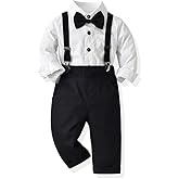 IDOPIP Toddler Kids Baby Boys 1st Christmas Outfit Gentleman Striped Shirt with Bowtie +Long Suspender Pants Overalls Clothes