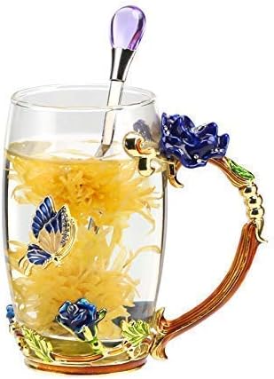 Unique 2018 New Birthday Presents Mother Day Gift for Women Girl Boyfriend Novelty Flower Glass Tea Cups Coffee Mug (blue-1)