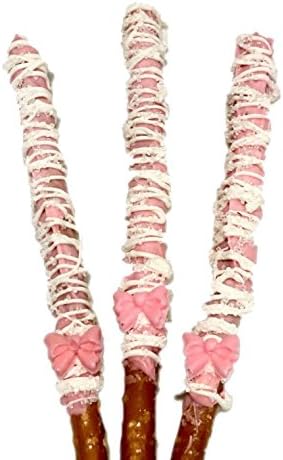 Individually Wrapped Pink and White Chocolate Covered Pretzel Rods with Bow