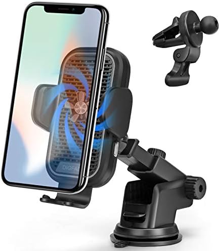 DIGFAD Cell Phone Holder for Car, 15W Qi Wireless Charger, Auto Clamping, Built-in Cooling Fan, Mount to Windshield, Dashboard, Air Vent, Works with iPhone 12 Mini 11 Pro Max XS XR X 8 Samsung S10 S9