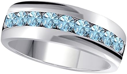 6MM Channel Set 1.00 Ct Round Shape Brilliant Cut Lab Created Aquamarine Single Row Fancy Men's Wedding Band Ring in 14K White Gold Fn Alloy