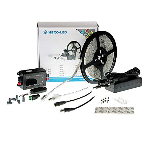 HERO-LED 5M300SAW-KT-DW LED Strip Light Kit, 5M 16.4FT 1800LM 12V DC 24W IP65 LED Tape, Power Supply, LED Controller and Accessories Included, Daylight White 5000K
