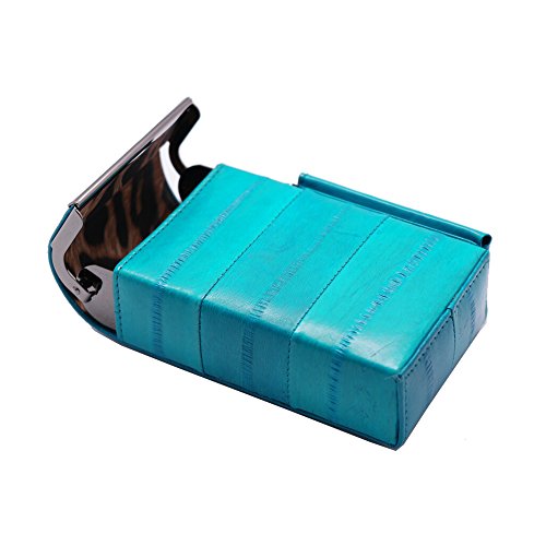Automatic Rising Genuine Eel Skin Leather Sliding Cigarette Case with Lighter Holder (Teal)