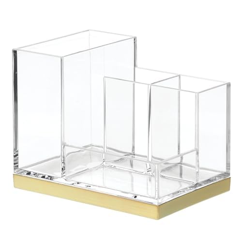 mDesign Toothbrush Holder — Cosmetics and Toothbrush Stand with 4 Compartments — Sink Storage for Dental Care Accessories — Clear/Gold