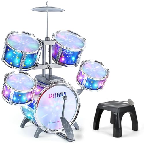 Upgraded Kids Drum Set for Toddlers 3+, Kids Jazz Drum Ages 3-5, Star Light up Musical Instrument Toys for Boys Girls 3-6 5-7 ( All Plastic)