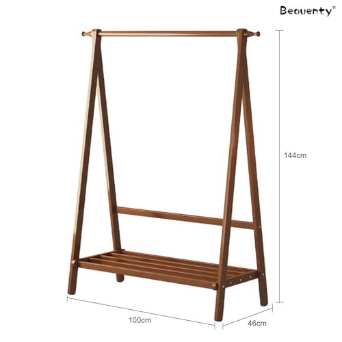 Beauenty Bamboo Clothes Racks, Freestanding Clothing Hanger with Storage Rack, Clothes Hanging Shoe Rack, Coat Organizer for Hotel, Hallway, Bedroom, Office (100x46x144 cm)